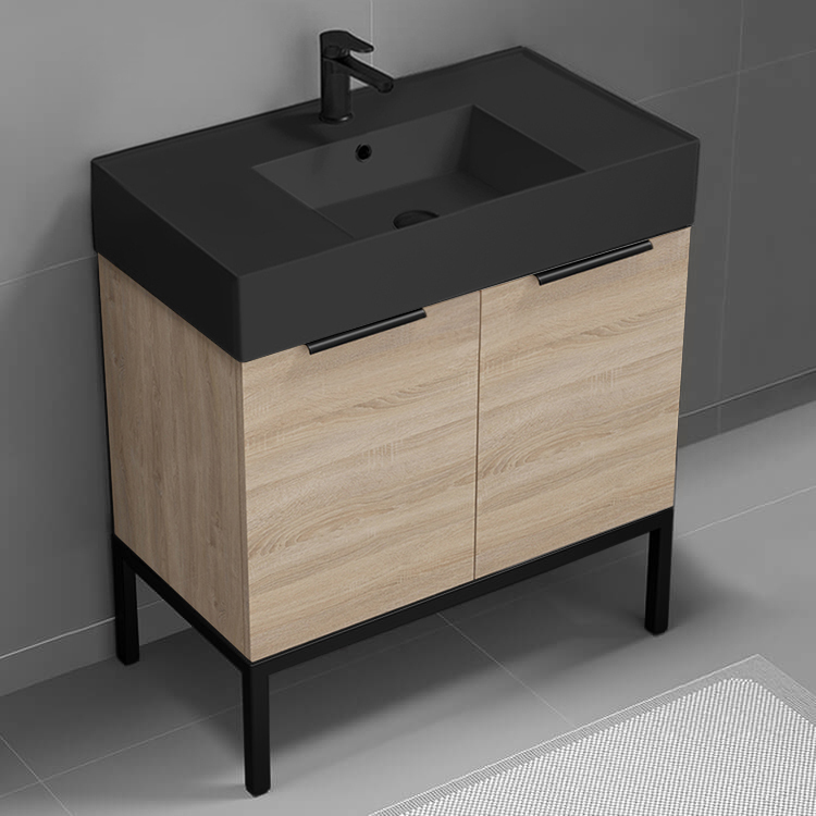 Nameeks DERIN708 Modern Bathroom Vanity With Black Sink, Free Standing, 32 Inch, Brown Oak